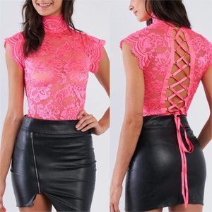 Lace Collared Short Sleeve Corset Back Bodysuit neon